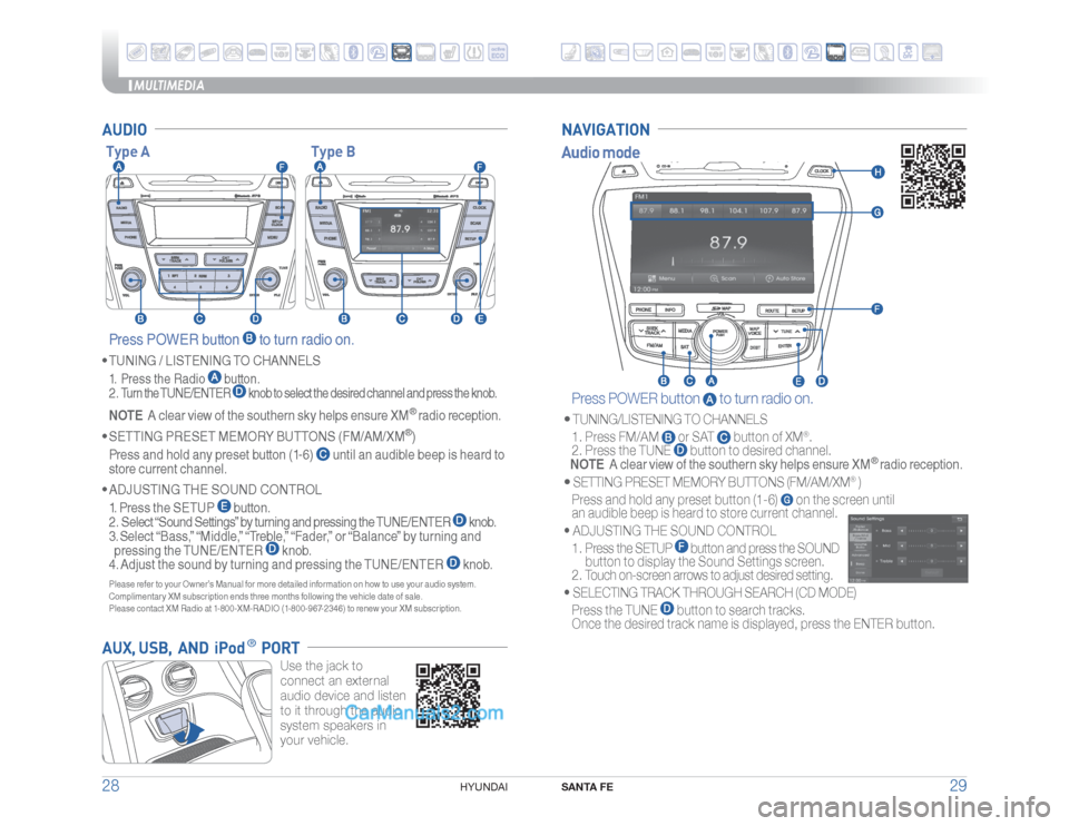 Hyundai Santa Fe Sport 2015  Quick Reference Guide MULTIMEDIA
SANTA FE
29 28
HYUNDAI 
AUDIO Press POWER button 
 to turn radio on.
�r�TUNING / LISTENING TO CHANNELS
 1.  Press the Radio 
 button. 
 2 . Turn the TUNE/ENTER 
 knob to select the desired