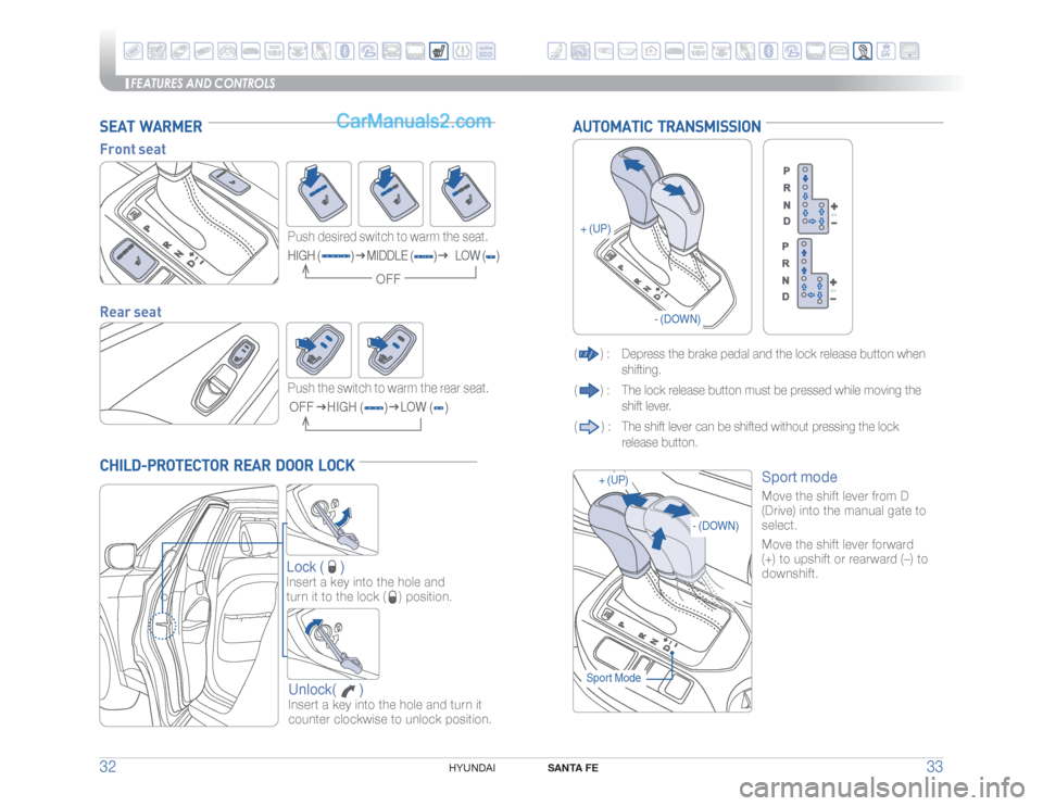 Hyundai Santa Fe Sport 2015  Quick Reference Guide FEATURES AND CONTROLS
SANTA FE
33 32
HYUNDAI 
CHILD-PROTECTOR  REAR  DOOR  LOCK
Lock (
 )
Insert a key into the hole and  
turn it to the lock (
) position.
Unlock(       )Insert a key into the hole a