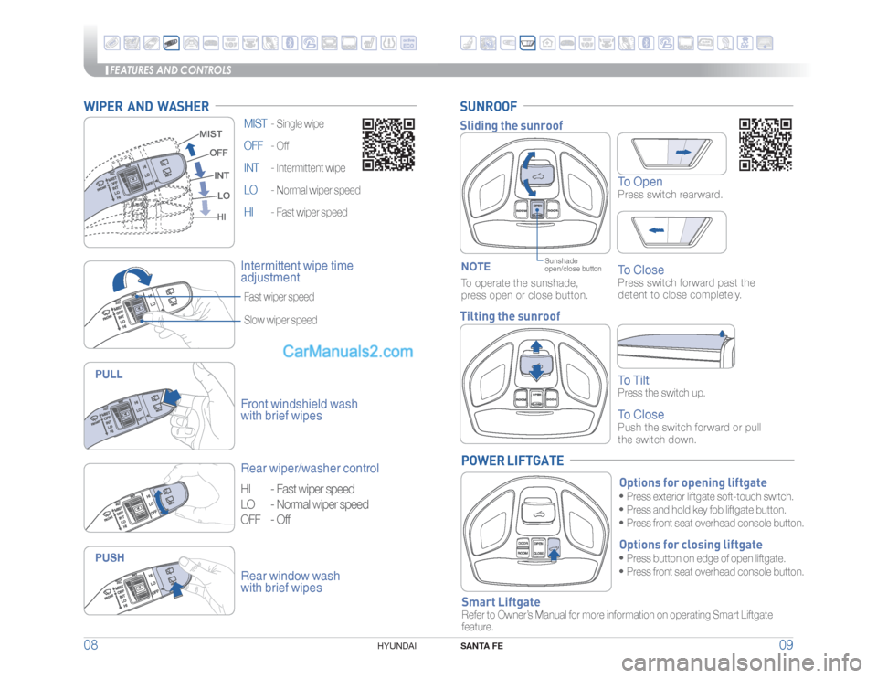 Hyundai Santa Fe Sport 2015  Quick Reference Guide FEATURES AND CONTROLS
SANTA FE
09 08
HYUNDAI 
MIST  - 
Single wipe
OFF - 
Off
INT - 
Intermittent wipe
LO - 
Normal wiper speed
HI -
 Fast wiper speed
WIPER  AND  WASHER
Front windshield wash 
with br