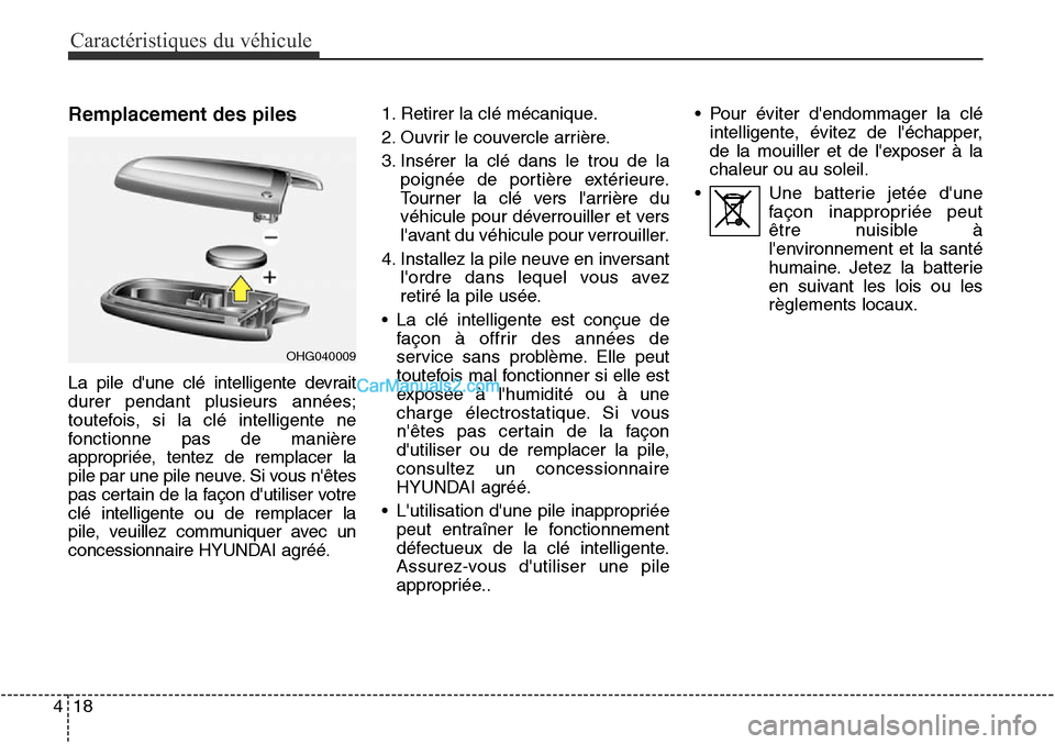 Hyundai Santa Fe Sport 2015 Manuel du propriétaire (in French) Caractéristiques du véhicule
18
4
Remplacement des piles
La pile dune clé intelligente devrait
durer pendant plusieurs années;
toutefois, si la clé intelligente ne
fonctionne pas de manière
app Hyundai Santa Fe Sport 2015 Manuel du propriétaire (in French) Caractéristiques du véhicule
18
4
Remplacement des piles
La pile dune clé intelligente devrait
durer pendant plusieurs années;
toutefois, si la clé intelligente ne
fonctionne pas de manière
app