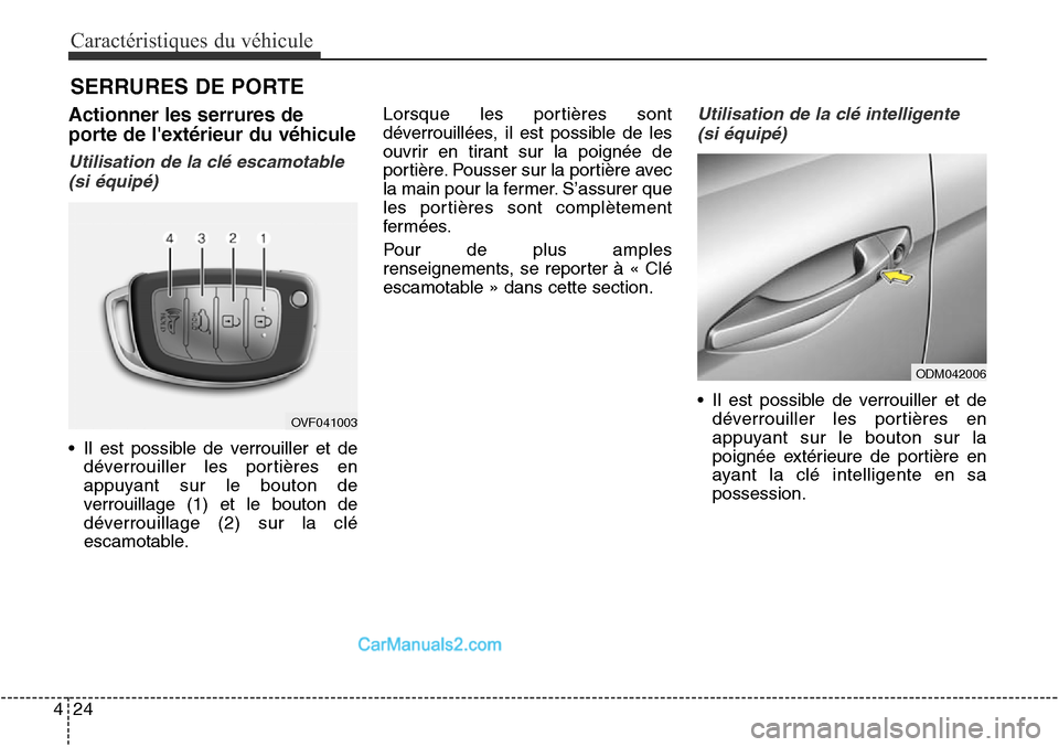 Hyundai Santa Fe Sport 2015 Manuel du propriétaire (in French) Caractéristiques du véhicule
24
4
Actionner les serrures de
porte de lextérieur du véhicule
Utilisation de la clé escamotable
(si équipé)
• Il est possible de verrouiller et de déverrouille Hyundai Santa Fe Sport 2015 Manuel du propriétaire (in French) Caractéristiques du véhicule
24
4
Actionner les serrures de
porte de lextérieur du véhicule
Utilisation de la clé escamotable
(si équipé)
• Il est possible de verrouiller et de déverrouille