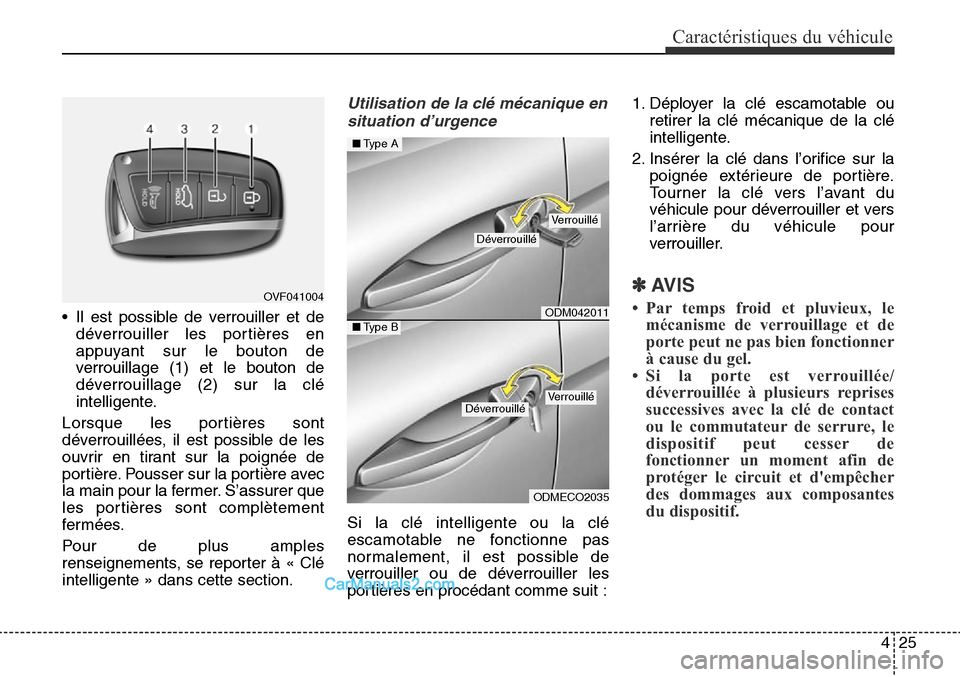 Hyundai Santa Fe Sport 2015 Manuel du propriétaire (in French) 425
Caractéristiques du véhicule
• Il est possible de verrouiller et dedéverrouiller les portières en
appuyant sur le bouton de
verrouillage (1) et le bouton de
déverrouillage (2) sur la clé
i Hyundai Santa Fe Sport 2015 Manuel du propriétaire (in French) 425
Caractéristiques du véhicule
• Il est possible de verrouiller et dedéverrouiller les portières en
appuyant sur le bouton de
verrouillage (1) et le bouton de
déverrouillage (2) sur la clé
i