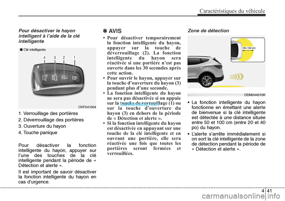 Hyundai Santa Fe Sport 2015 Manuel du propriétaire (in French) 441
Caractéristiques du véhicule
Pour désactiver le hayonintelligent à l’aide de la cléintelligente
1. Verrouillage des portières
2. Déverrouillage des portières
3. Ouverture du hayon
4. Hyundai Santa Fe Sport 2015 Manuel du propriétaire (in French) 441
Caractéristiques du véhicule
Pour désactiver le hayonintelligent à l’aide de la cléintelligente
1. Verrouillage des portières
2. Déverrouillage des portières
3. Ouverture du hayon
4.