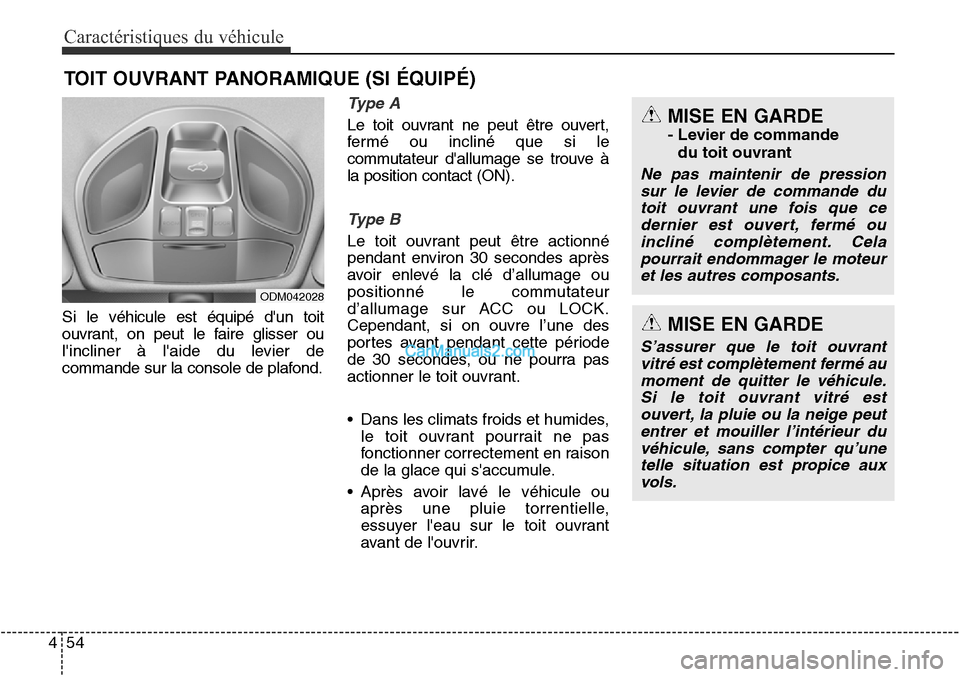 Hyundai Santa Fe Sport 2015 Manuel du propriétaire (in French) Caractéristiques du véhicule
54
4
Si le véhicule est équipé dun toit
ouvrant, on peut le faire glisser ou
lincliner à laide du levier de
commande sur la console de plafond.
Ty p e A
Le toit Hyundai Santa Fe Sport 2015 Manuel du propriétaire (in French) Caractéristiques du véhicule
54
4
Si le véhicule est équipé dun toit
ouvrant, on peut le faire glisser ou
lincliner à laide du levier de
commande sur la console de plafond.
Ty p e A
Le toit