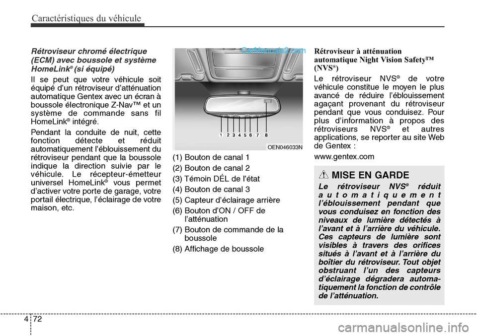 Hyundai Santa Fe Sport 2015 Manuel du propriétaire (in French) Caractéristiques du véhicule
72
4
Rétroviseur chromé électrique
(ECM) avec boussole et systèmeHomeLink
® (si équipé)
Il se peut que votre véhicule soit
équipé d’un rétroviseur d’atté Hyundai Santa Fe Sport 2015 Manuel du propriétaire (in French) Caractéristiques du véhicule
72
4
Rétroviseur chromé électrique
(ECM) avec boussole et systèmeHomeLink
® (si équipé)
Il se peut que votre véhicule soit
équipé d’un rétroviseur d’atté
