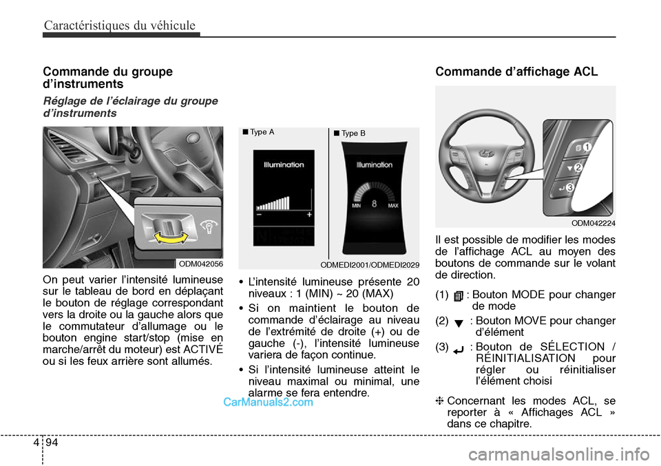 Hyundai Santa Fe Sport 2015 Manuel du propriétaire (in French) Caractéristiques du véhicule
94
4
Commande du groupe
d’instruments
Réglage de l’éclairage du groupe
d’instruments
On peut varier l’intensité lumineuse
sur le tableau de bord en déplaçan Hyundai Santa Fe Sport 2015 Manuel du propriétaire (in French) Caractéristiques du véhicule
94
4
Commande du groupe
d’instruments
Réglage de l’éclairage du groupe
d’instruments
On peut varier l’intensité lumineuse
sur le tableau de bord en déplaçan