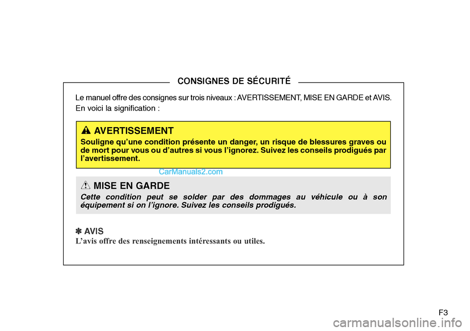 Hyundai Santa Fe Sport 2015 Manuel du propriétaire (in French) F3
Le manuel offre des consignes sur trois niveaux : AVERTISSEMENT, MISE EN GARDE et AVIS.
En voici la signification :
✽ AVIS
L’avis offre des renseignements intéressants ou utiles.
CONSIGNES DE Hyundai Santa Fe Sport 2015 Manuel du propriétaire (in French) F3
Le manuel offre des consignes sur trois niveaux : AVERTISSEMENT, MISE EN GARDE et AVIS.
En voici la signification :
✽ AVIS
L’avis offre des renseignements intéressants ou utiles.
CONSIGNES DE