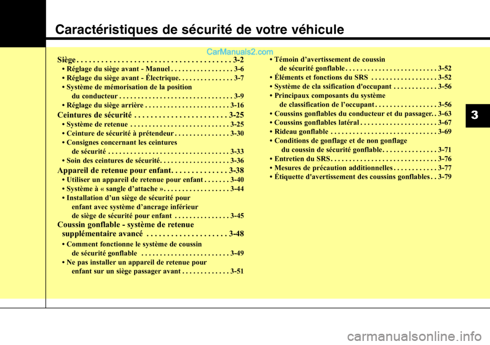Hyundai Santa Fe Sport 2015 Manuel du propriétaire (in French) Caractéristiques de sécurité de votre véhicule
Siège . . . . . . . . . . . . . . . . . . . . . . . . . . . . . . . . . . . . \
. . 3-2
• Réglage du siège avant - Manuel . . . . . . . . . . . Hyundai Santa Fe Sport 2015 Manuel du propriétaire (in French) Caractéristiques de sécurité de votre véhicule
Siège . . . . . . . . . . . . . . . . . . . . . . . . . . . . . . . . . . . . \
. . 3-2
• Réglage du siège avant - Manuel . . . . . . . . . . .
