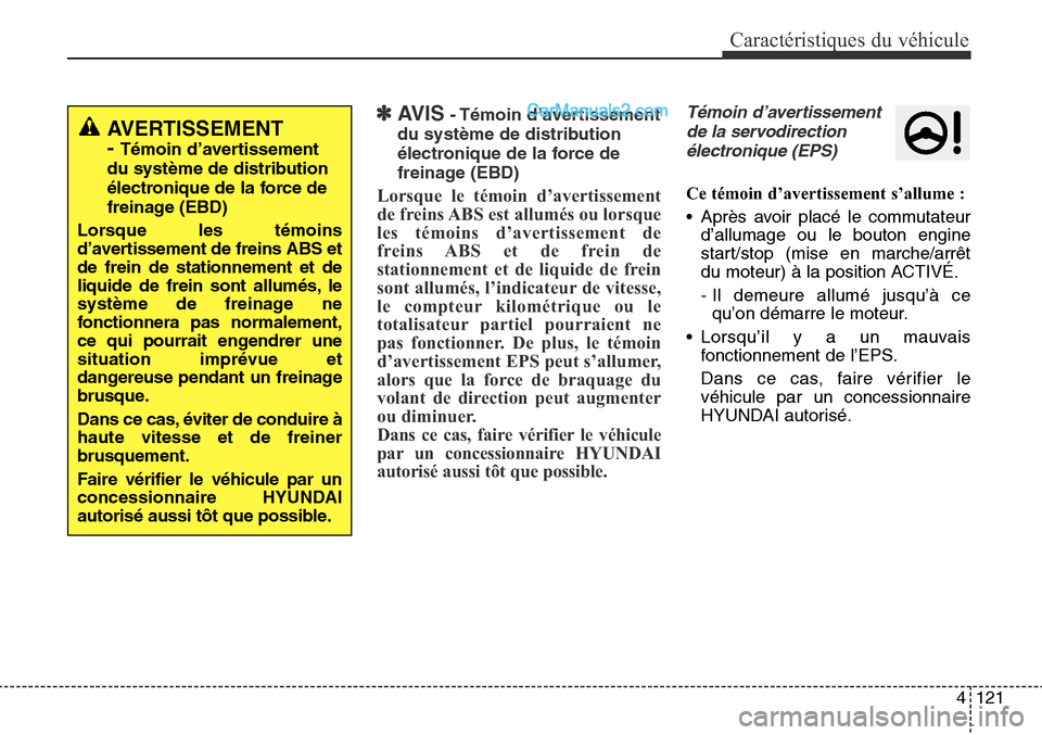 Hyundai Santa Fe Sport 2015 Manuel du propriétaire (in French) 4121
Caractéristiques du véhicule
✽AVIS- Témoin d’avertissement
du système de distribution
électronique de la force de
freinage (EBD)
Lorsque le témoin d’avertissement
de freins ABS est al Hyundai Santa Fe Sport 2015 Manuel du propriétaire (in French) 4121
Caractéristiques du véhicule
✽AVIS- Témoin d’avertissement
du système de distribution
électronique de la force de
freinage (EBD)
Lorsque le témoin d’avertissement
de freins ABS est al