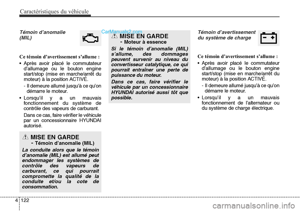 Hyundai Santa Fe Sport 2015 Manuel du propriétaire (in French) Caractéristiques du véhicule
122
4
Témoin d’anomalie
(MIL)
Ce témoin d’avertissement s’allume :
• Après avoir placé le commutateur d’allumage ou le bouton engine
start/stop (mise en ma Hyundai Santa Fe Sport 2015 Manuel du propriétaire (in French) Caractéristiques du véhicule
122
4
Témoin d’anomalie
(MIL)
Ce témoin d’avertissement s’allume :
• Après avoir placé le commutateur d’allumage ou le bouton engine
start/stop (mise en ma