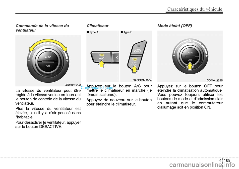 Hyundai Santa Fe Sport 2015 Manuel du propriétaire (in French) 4169
Caractéristiques du véhicule
Commande de la vitesse duventilateur
La vitesse du ventilateur peut être
réglée à la vitesse voulue en tournant
le bouton de contrôle de la vitesse du
ventilat Hyundai Santa Fe Sport 2015 Manuel du propriétaire (in French) 4169
Caractéristiques du véhicule
Commande de la vitesse duventilateur
La vitesse du ventilateur peut être
réglée à la vitesse voulue en tournant
le bouton de contrôle de la vitesse du
ventilat