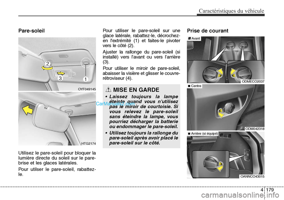 Hyundai Santa Fe Sport 2015 Manuel du propriétaire (in French) 4179
Caractéristiques du véhicule
Pare-soleil
Utilisez le pare-soleil pour bloquer la
lumière directe du soleil sur le pare-
brise et les glaces latérales.
Pour utilser le pare-soleil, rabattez-
l Hyundai Santa Fe Sport 2015 Manuel du propriétaire (in French) 4179
Caractéristiques du véhicule
Pare-soleil
Utilisez le pare-soleil pour bloquer la
lumière directe du soleil sur le pare-
brise et les glaces latérales.
Pour utilser le pare-soleil, rabattez-
l