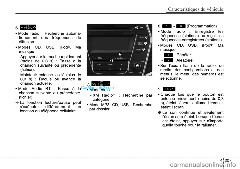 Hyundai Santa Fe Sport 2015 Manuel du propriétaire (in French) 4207
Caractéristiques du véhicule
6.
• Mode radio : Recherche automa-
tiquement des fréquences de
diffusion.
• Modes CD, USB, iPod
®, Ma
musique
- Appuyer sur la touche rapidement (moins de 0, Hyundai Santa Fe Sport 2015 Manuel du propriétaire (in French) 4207
Caractéristiques du véhicule
6.
• Mode radio : Recherche automa-
tiquement des fréquences de
diffusion.
• Modes CD, USB, iPod
®, Ma
musique
- Appuyer sur la touche rapidement (moins de 0,