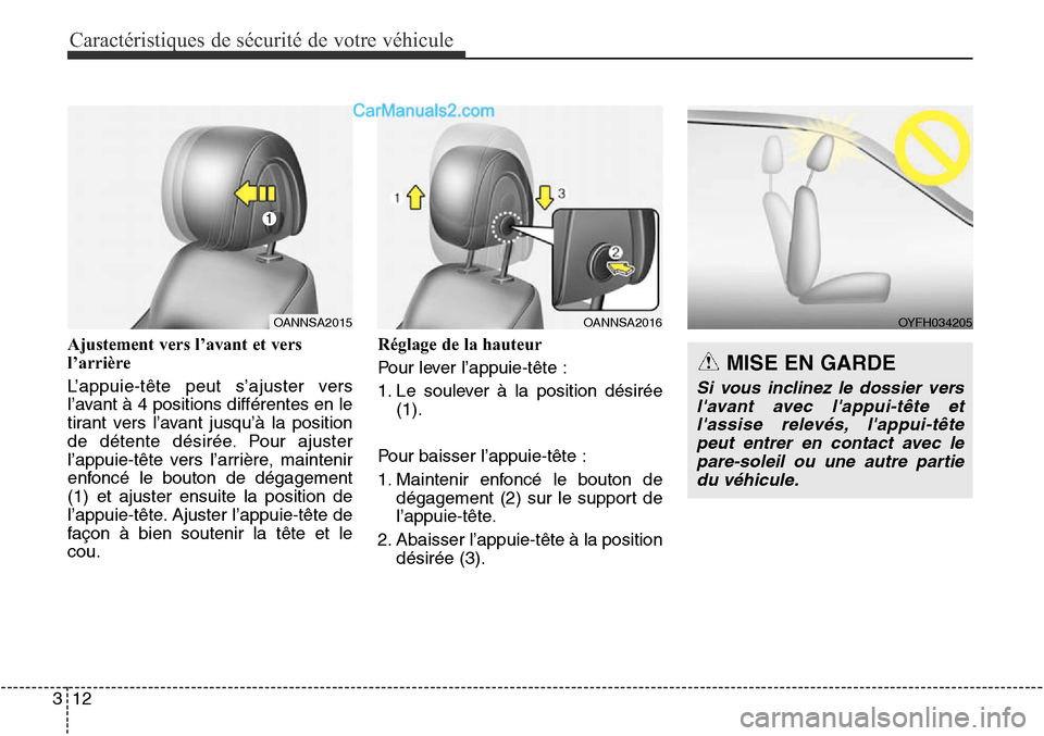 Hyundai Santa Fe Sport 2015 Manuel du propriétaire (in French) Caractéristiques de sécurité de votre véhicule
12
3
OANNSA2015OYFH034205
Ajustement vers l’avant et vers
l’arrière
L’appuie-tête peut s’ajuster vers
l’avant à 4 positions différente Hyundai Santa Fe Sport 2015 Manuel du propriétaire (in French) Caractéristiques de sécurité de votre véhicule
12
3
OANNSA2015OYFH034205
Ajustement vers l’avant et vers
l’arrière
L’appuie-tête peut s’ajuster vers
l’avant à 4 positions différente