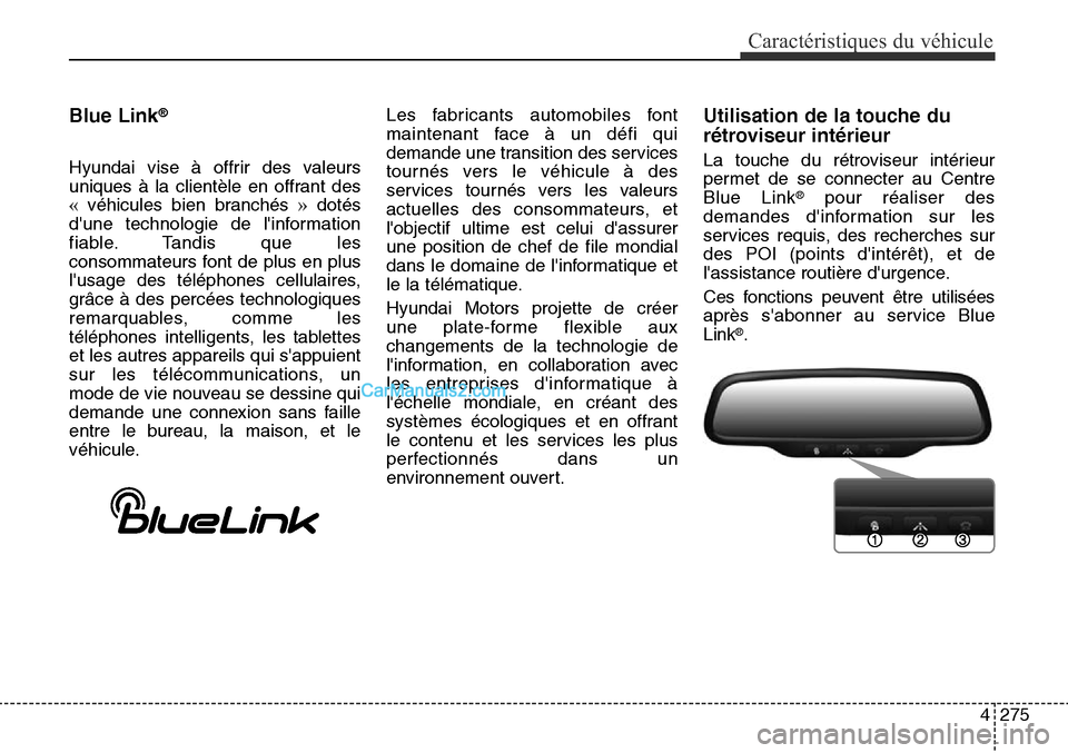 Hyundai Santa Fe Sport 2015 Manuel du propriétaire (in French) 4275
Caractéristiques du véhicule
Blue Link®
Hyundai vise à offrir des valeurs
uniques à la clientèle en offrant des
« véhicules bien branchés »dotés
dune technologie de linformation
fiab Hyundai Santa Fe Sport 2015 Manuel du propriétaire (in French) 4275
Caractéristiques du véhicule
Blue Link®
Hyundai vise à offrir des valeurs
uniques à la clientèle en offrant des
« véhicules bien branchés »dotés
dune technologie de linformation
fiab