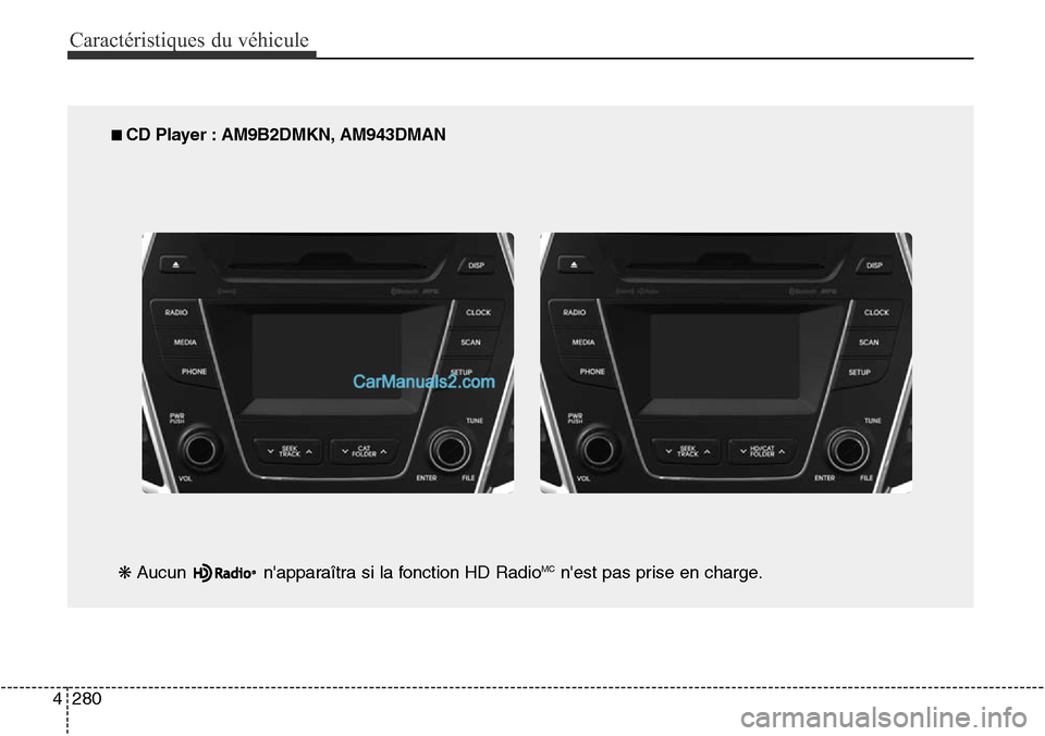 Hyundai Santa Fe Sport 2015 Manuel du propriétaire (in French) Caractéristiques du véhicule
280
4
■ CD Player : AM9B2DMKN, AM943DMAN
❋ Aucun napparaîtra si la fonction HD Radio
MCnest pas prise en charge. Hyundai Santa Fe Sport 2015 Manuel du propriétaire (in French) Caractéristiques du véhicule
280
4
■ CD Player : AM9B2DMKN, AM943DMAN
❋ Aucun napparaîtra si la fonction HD Radio
MCnest pas prise en charge.