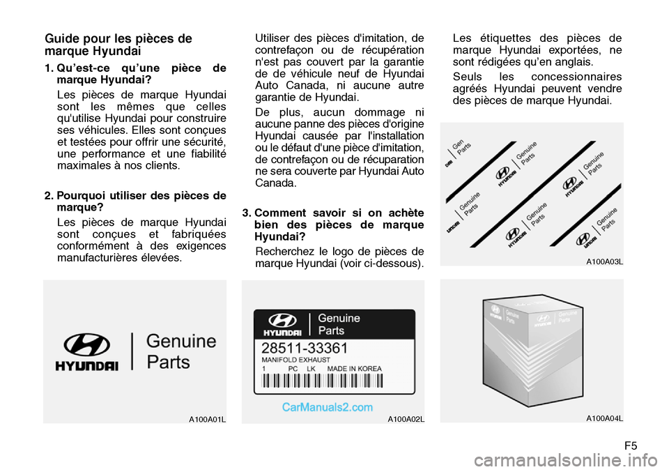 Hyundai Santa Fe Sport 2015 Manuel du propriétaire (in French) F5
Guide pour les pièces de
marque Hyundai
1. Qu’est-ce qu’une pièce demarque Hyundai?
Les pièces de marque Hyundai
sont les mêmes que celles
quutilise Hyundai pour construire
ses véhicules. Hyundai Santa Fe Sport 2015 Manuel du propriétaire (in French) F5
Guide pour les pièces de
marque Hyundai
1. Qu’est-ce qu’une pièce demarque Hyundai?
Les pièces de marque Hyundai
sont les mêmes que celles
quutilise Hyundai pour construire
ses véhicules.