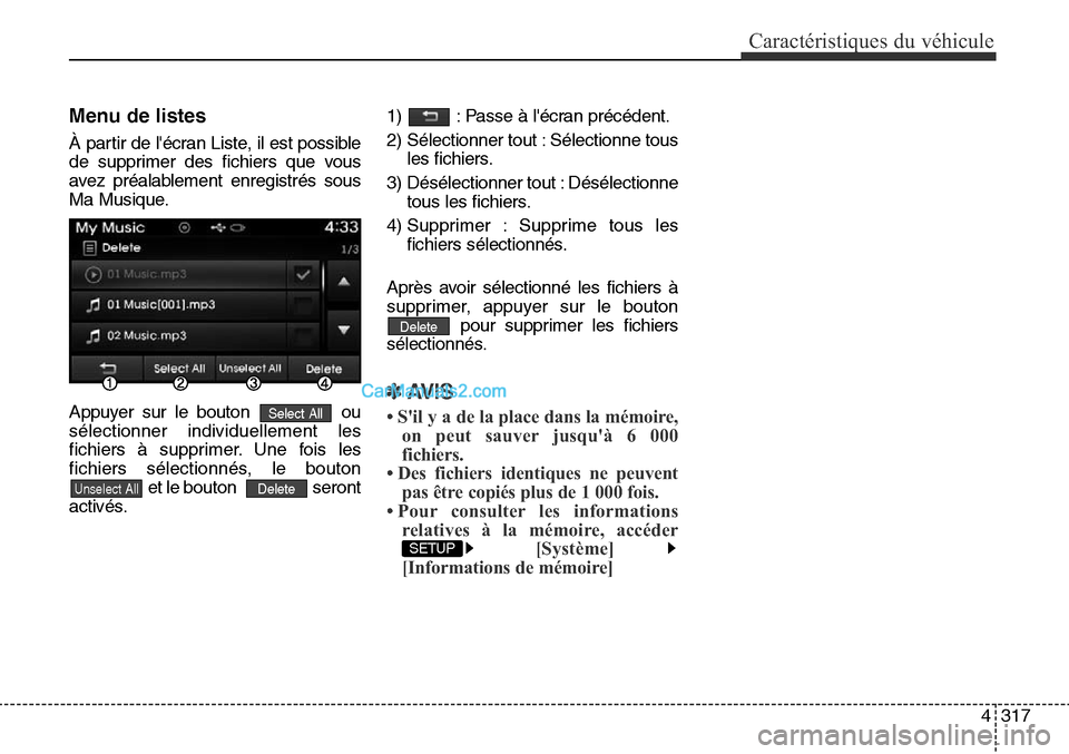 Hyundai Santa Fe Sport 2015 Manuel du propriétaire (in French) 4317
Caractéristiques du véhicule
Menu de listes
À partir de lécran Liste, il est possible
de supprimer des fichiers que vous
avez préalablement enregistrés sous
Ma Musique.
Appuyer sur le bout Hyundai Santa Fe Sport 2015 Manuel du propriétaire (in French) 4317
Caractéristiques du véhicule
Menu de listes
À partir de lécran Liste, il est possible
de supprimer des fichiers que vous
avez préalablement enregistrés sous
Ma Musique.
Appuyer sur le bout