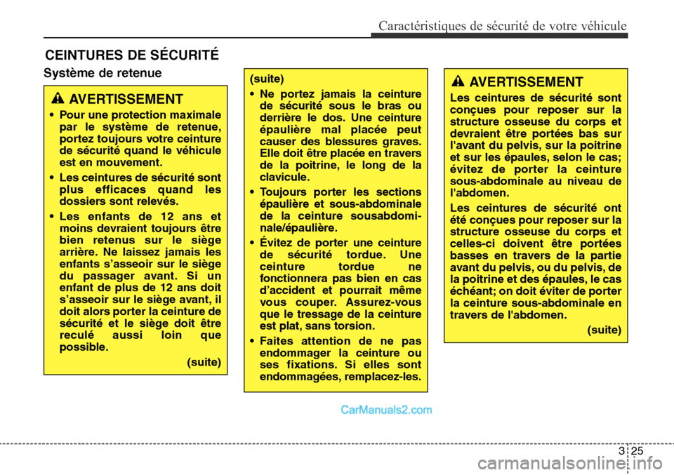 Hyundai Santa Fe Sport 2015 Manuel du propriétaire (in French) 325
Caractéristiques de sécurité de votre véhicule
Système de retenue
CEINTURES DE SÉCURITÉ
(suite)
• Ne portez jamais la ceinturede sécurité sous le bras ou
derrière le dos. Une ceinture
Hyundai Santa Fe Sport 2015 Manuel du propriétaire (in French) 325
Caractéristiques de sécurité de votre véhicule
Système de retenue
CEINTURES DE SÉCURITÉ
(suite)
• Ne portez jamais la ceinturede sécurité sous le bras ou
derrière le dos. Une ceinture
