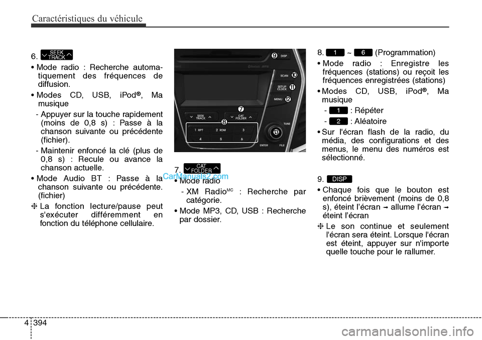 Hyundai Santa Fe Sport 2015 Manuel du propriétaire (in French) Caractéristiques du véhicule
394
4
6.
• Mode radio : Recherche automa -
tiquement des fréquences de
diffusion.
• Modes CD, USB, iPod
®, Ma
musique
- Appuyer sur la touche rapidement (moins de Hyundai Santa Fe Sport 2015 Manuel du propriétaire (in French) Caractéristiques du véhicule
394
4
6.
• Mode radio : Recherche automa -
tiquement des fréquences de
diffusion.
• Modes CD, USB, iPod
®, Ma
musique
- Appuyer sur la touche rapidement (moins de