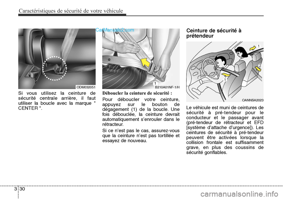 Hyundai Santa Fe Sport 2015  Manuel du propriétaire (in French) Caractéristiques de sécurité de votre véhicule
30
3
Si vous utilisez la ceinture de
sécurité centrale arrière, il faut
utiliser la boucle avec la marque "
CENTER ". Déboucler la ceinture de s