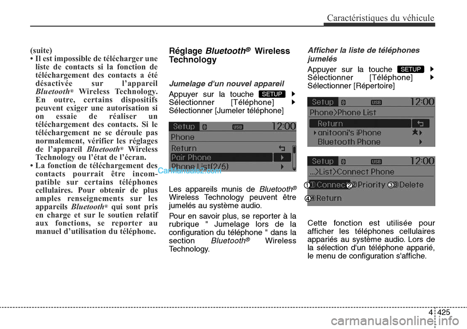 Hyundai Santa Fe Sport 2015  Manuel du propriétaire (in French) 4425
Caractéristiques du véhicule
(suite)
• Il est impossible de télécharger uneliste de contacts si la fonction de
téléchargement des contacts a été
désactivée sur l’appareil
Bluetooth
