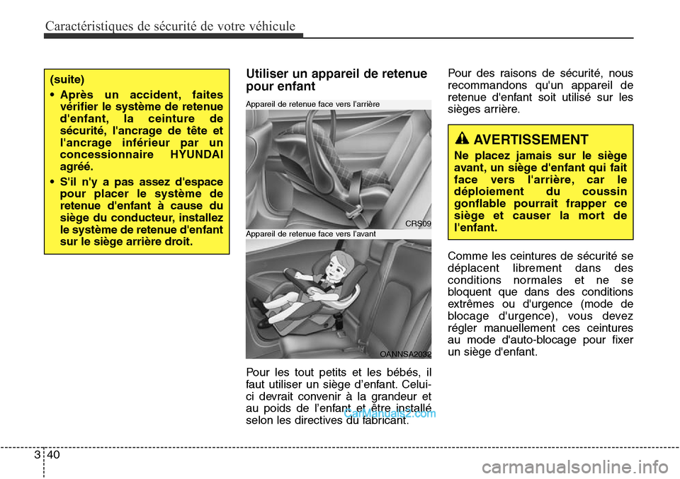 Hyundai Santa Fe Sport 2015  Manuel du propriétaire (in French) Caractéristiques de sécurité de votre véhicule
40
3
Utiliser un appareil de retenue
pour enfant
Pour les tout petits et les bébés, il
faut utiliser un siège d’enfant. Celui-
ci devrait conven