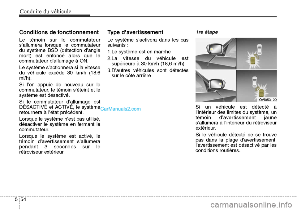 Hyundai Santa Fe Sport 2015 Manuel du propriétaire (in French) Conduite du véhicule
54
5
Conditions de fonctionnement
Le témoin sur le commutateur
s’allumera lorsque le commutateur
du système BSD (détection d’angle
mort) est enfoncé alors que le
commutat Hyundai Santa Fe Sport 2015 Manuel du propriétaire (in French) Conduite du véhicule
54
5
Conditions de fonctionnement
Le témoin sur le commutateur
s’allumera lorsque le commutateur
du système BSD (détection d’angle
mort) est enfoncé alors que le
commutat