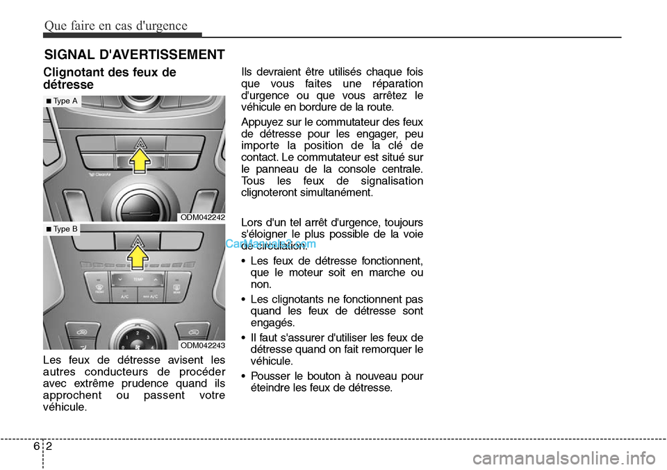 Hyundai Santa Fe Sport 2015 Manuel du propriétaire (in French) Que faire en cas durgence
26
SIGNAL DAVERTISSEMENT
Clignotant des feux de
détresse
Les feux de détresse avisent les
autres conducteurs de procéder
avec extrême prudence quand ils
approchent ou p Hyundai Santa Fe Sport 2015 Manuel du propriétaire (in French) Que faire en cas durgence
26
SIGNAL DAVERTISSEMENT
Clignotant des feux de
détresse
Les feux de détresse avisent les
autres conducteurs de procéder
avec extrême prudence quand ils
approchent ou p