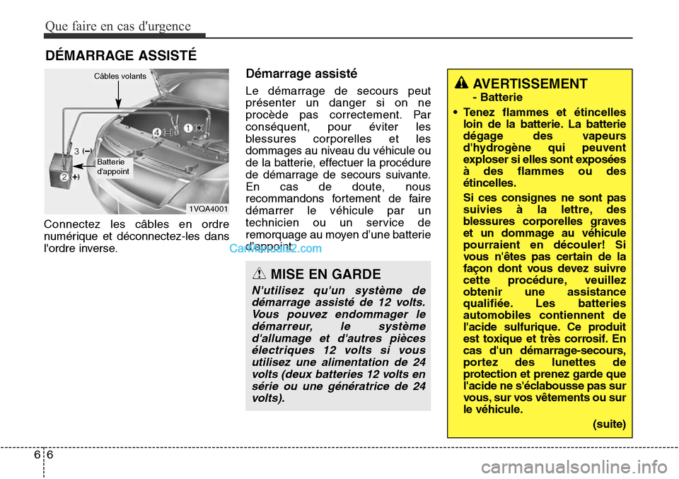 Hyundai Santa Fe Sport 2015  Manuel du propriétaire (in French) Que faire en cas durgence
66
DÉMARRAGE ASSISTÉ
Connectez les câbles en ordre
numérique et déconnectez-les dans
lordre inverse.
Démarrage assisté
Le démarrage de secours peut
présenter un da