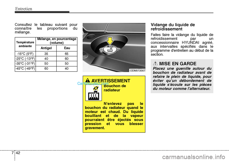 Hyundai Santa Fe Sport 2015  Manuel du propriétaire (in French) Entretien
42
7
Consultez le tableau suivant pour
connaître les proportions du
mélange.Vidange du liquide de
refroidissement
Faites faire la vidange du liquide de
refroidissement par un
concessionnai