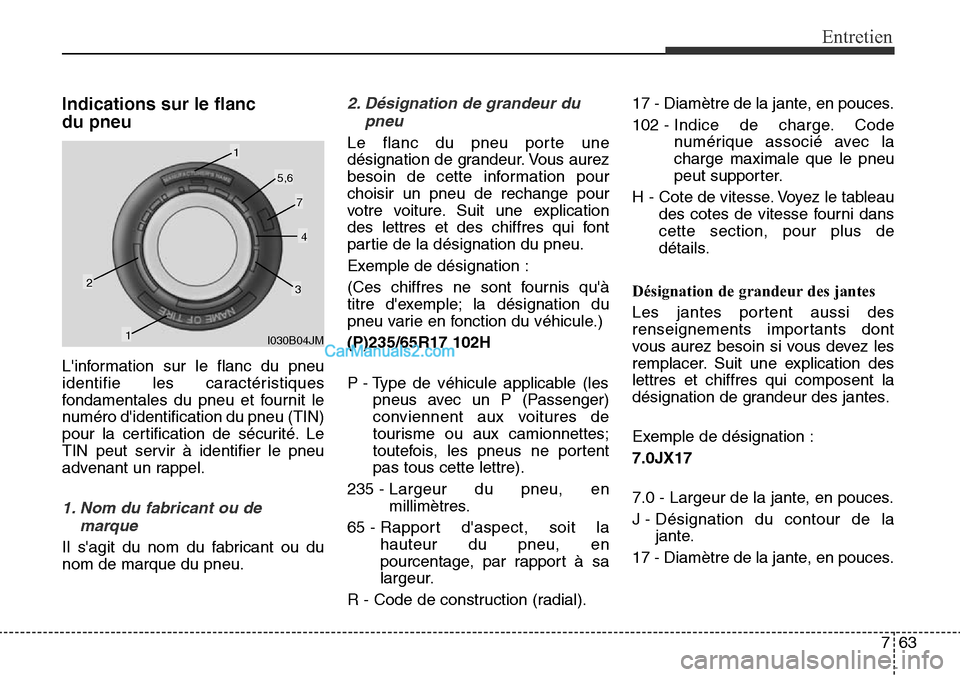 Hyundai Santa Fe Sport 2015 Manuel du propriétaire (in French) 763
Entretien
Indications sur le flanc
du pneu
Linformation sur le flanc du pneu
identifie les caractéristiques
fondamentales du pneu et fournit le
numéro didentification du pneu (TIN)
pour la ce Hyundai Santa Fe Sport 2015 Manuel du propriétaire (in French) 763
Entretien
Indications sur le flanc
du pneu
Linformation sur le flanc du pneu
identifie les caractéristiques
fondamentales du pneu et fournit le
numéro didentification du pneu (TIN)
pour la ce