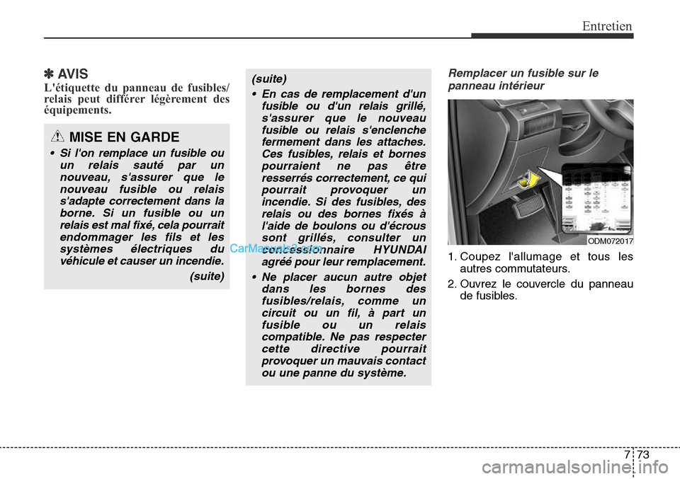 Hyundai Santa Fe Sport 2015 Manuel du propriétaire (in French) 773
Entretien
✽AVIS
Létiquette du panneau de fusibles/
relais peut différer légèrement des
équipements.
Remplacer un fusible sur lepanneau intérieur
1. Coupez lallumage et tous les autres co Hyundai Santa Fe Sport 2015 Manuel du propriétaire (in French) 773
Entretien
✽AVIS
Létiquette du panneau de fusibles/
relais peut différer légèrement des
équipements.
Remplacer un fusible sur lepanneau intérieur
1. Coupez lallumage et tous les autres co
