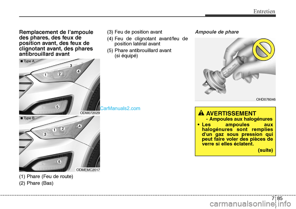 Hyundai Santa Fe Sport 2015 Manuel du propriétaire (in French) 785
Entretien
Remplacement de l’ampoule
des phares, des feux de
position avant, des feux de
clignotant avant, des phares
antibrouillard avant
(1) Phare (Feu de route)
(2) Phare (Bas)(3) Feu de posit Hyundai Santa Fe Sport 2015 Manuel du propriétaire (in French) 785
Entretien
Remplacement de l’ampoule
des phares, des feux de
position avant, des feux de
clignotant avant, des phares
antibrouillard avant
(1) Phare (Feu de route)
(2) Phare (Bas)(3) Feu de posit