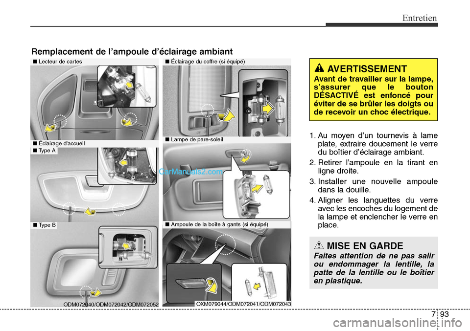 Hyundai Santa Fe Sport 2015  Manuel du propriétaire (in French) 793
Entretien
1. Au moyen d’un tournevis à lameplate, extraire doucement le verre
du boîtier d’éclairage ambiant.
2. Retirer l’ampoule en la tirant en ligne droite.
3. Installer une nouvelle 