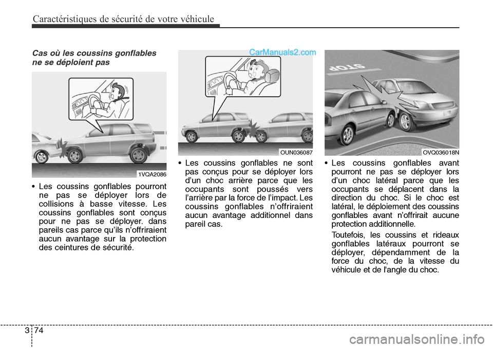 Hyundai Santa Fe Sport 2015 Manuel du propriétaire (in French) Caractéristiques de sécurité de votre véhicule
74
3
Cas où les coussins gonflables
ne se déploient pas
• Les coussins gonflables pourront ne pas se déployer lors de
collisions à basse vitess Hyundai Santa Fe Sport 2015 Manuel du propriétaire (in French) Caractéristiques de sécurité de votre véhicule
74
3
Cas où les coussins gonflables
ne se déploient pas
• Les coussins gonflables pourront ne pas se déployer lors de
collisions à basse vitess