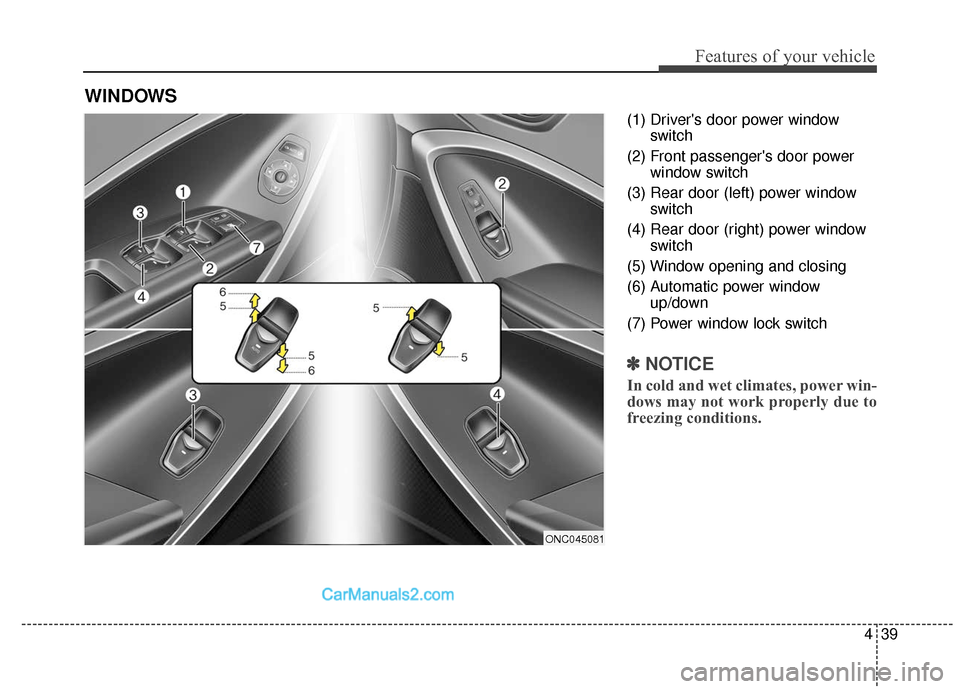 Hyundai Santa Fe XL 2019 Owners Manual 439
Features of your vehicle
(1) Drivers door power windowswitch
(2) Front passengers door power window switch
(3) Rear door (left) power window switch
(4) Rear door (right) power window switch
(5) Hyundai Santa Fe XL 2019 Owners Manual 439
Features of your vehicle
(1) Drivers door power windowswitch
(2) Front passengers door power window switch
(3) Rear door (left) power window switch
(4) Rear door (right) power window switch
(5)