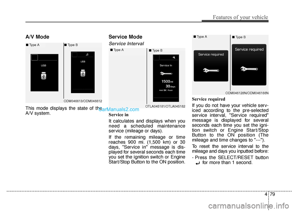 Hyundai Santa Fe XL 2019 Owners Manual 479
Features of your vehicle
A/V Mode
This mode displays the state of the
A/V system.
Service Mode
Service Interval
Service in
It calculates and displays when you
need a scheduled maintenance
service Hyundai Santa Fe XL 2019 Owners Manual 479
Features of your vehicle
A/V Mode
This mode displays the state of the
A/V system.
Service Mode
Service Interval
Service in
It calculates and displays when you
need a scheduled maintenance
service