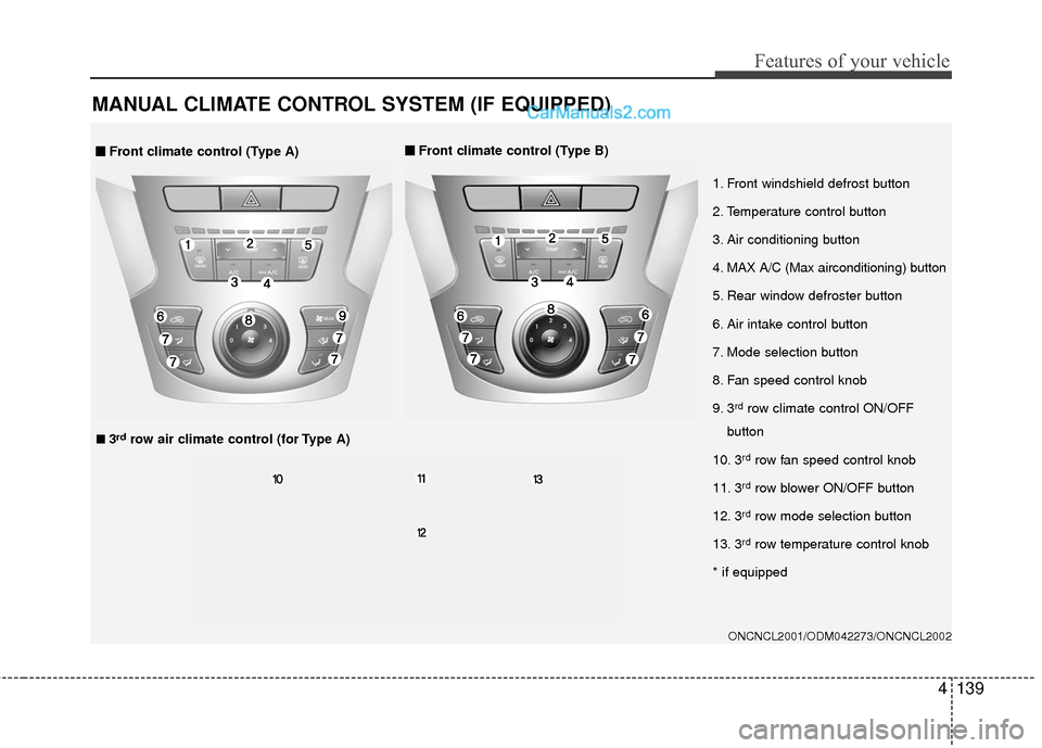 Hyundai Santa Fe XL 2019 Owners Manual 4139
Features of your vehicle
MANUAL CLIMATE CONTROL SYSTEM (IF EQUIPPED)
ONCNCL2001/ODM042273/ONCNCL2002
1. Front windshield defrost button
2. Temperature control button
3. Air conditioning button
4. Hyundai Santa Fe XL 2019 Owners Manual 4139
Features of your vehicle
MANUAL CLIMATE CONTROL SYSTEM (IF EQUIPPED)
ONCNCL2001/ODM042273/ONCNCL2002
1. Front windshield defrost button
2. Temperature control button
3. Air conditioning button
4.
