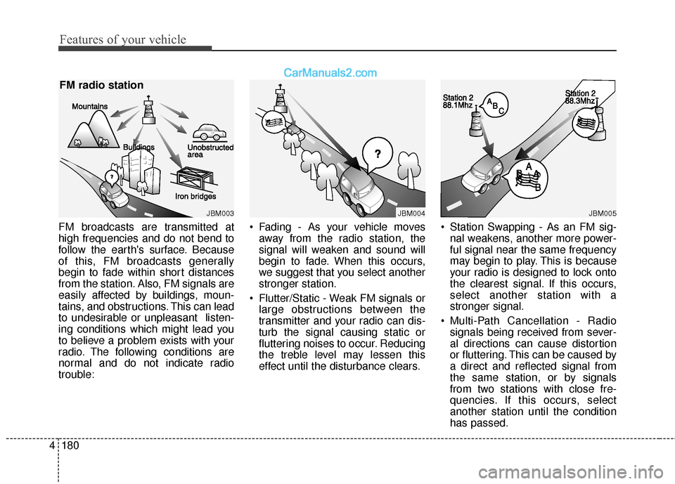 Hyundai Santa Fe XL 2019 Owners Manual Features of your vehicle
180
4
FM broadcasts are transmitted at
high frequencies and do not bend to
follow the earths surface. Because
of this, FM broadcasts generally
begin to fade within short dist Hyundai Santa Fe XL 2019 Owners Manual Features of your vehicle
180
4
FM broadcasts are transmitted at
high frequencies and do not bend to
follow the earths surface. Because
of this, FM broadcasts generally
begin to fade within short dist