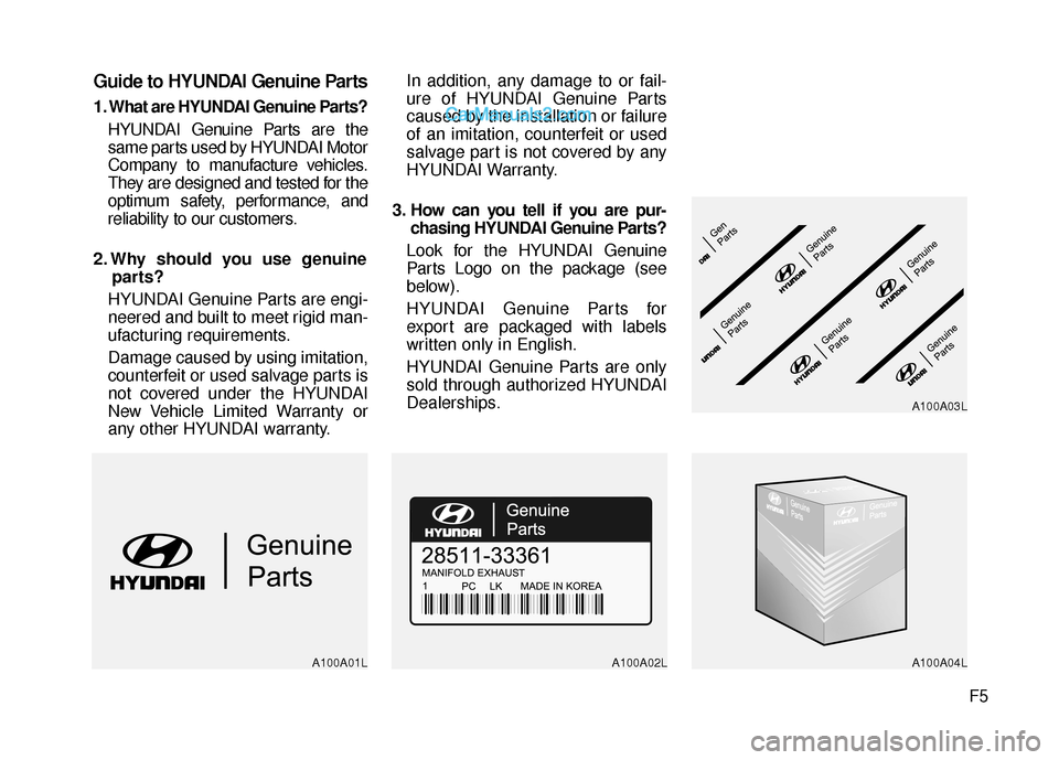 Hyundai Santa Fe XL 2019  Owners Manual F5
Guide to HYUNDAI Genuine Parts
1. What are HYUNDAI Genuine Parts?HYUNDAI Genuine Parts are the
same parts used by HYUNDAI Motor
Company to manufacture vehicles.
They are designed and tested for the