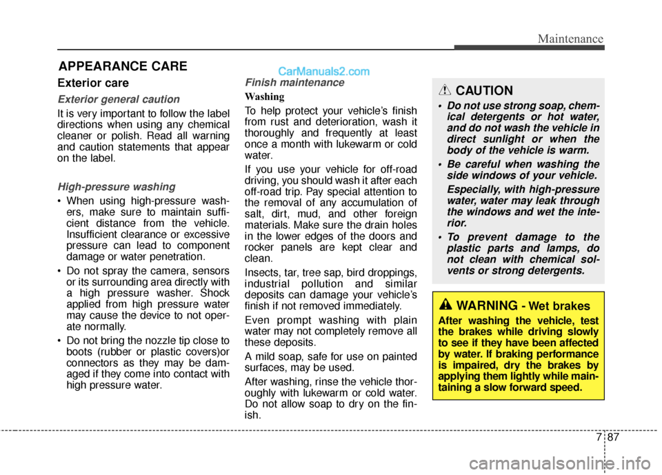 Hyundai Santa Fe XL 2019  Owners Manual 787
Maintenance
APPEARANCE CARE
Exterior care
Exterior general caution 
It is very important to follow the label
directions when using any chemical
cleaner or polish. Read all warning
and caution stat