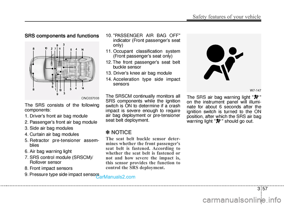 Hyundai Santa Fe XL 2019 Manual PDF 357
Safety features of your vehicle
SRS components and functions
The SRS consists of the following
components:
1. Drivers front air bag module
2. Passengers front air bag module
3. Side air bag modu Hyundai Santa Fe XL 2019 Manual PDF 357
Safety features of your vehicle
SRS components and functions
The SRS consists of the following
components:
1. Drivers front air bag module
2. Passengers front air bag module
3. Side air bag modu