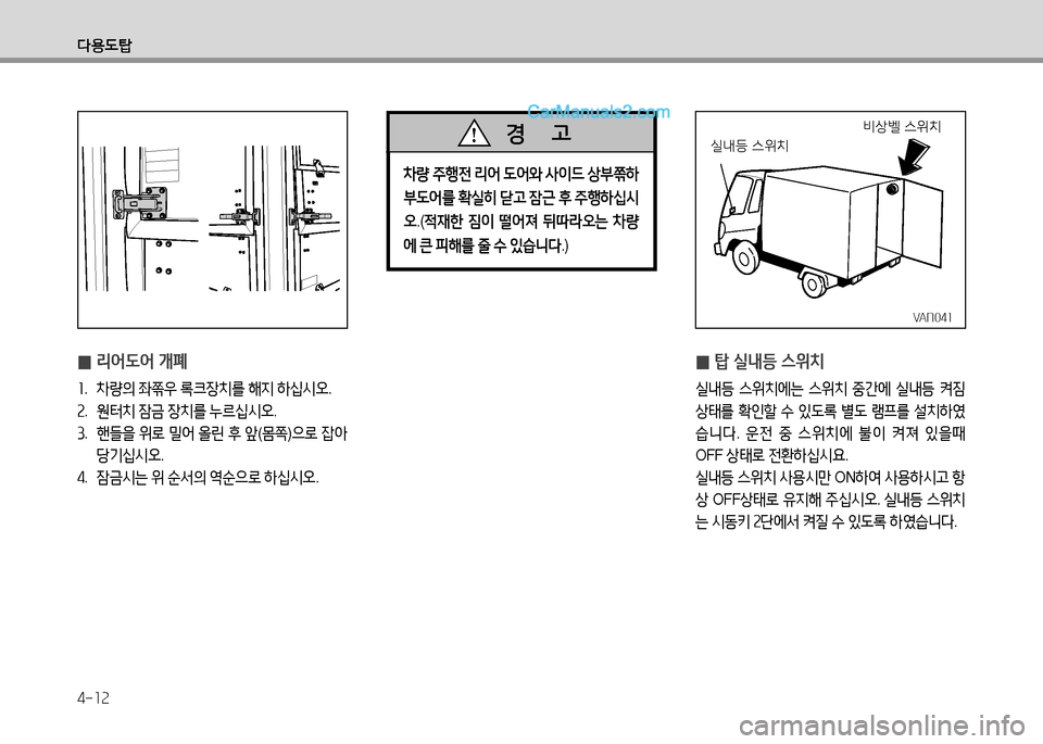 Hyundai Small Commercial Features 2015  소형상용특장 - 사용 설명서 (in Korean) 4-12
l용도탑
 
0 리어도어 개폐
좌
.  8