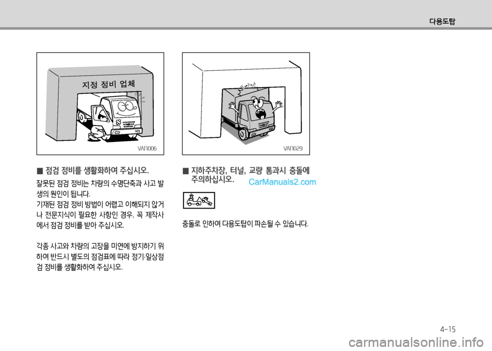 Hyundai Small Commercial Features 2015  소형상용특장 - 사용 설명서 (in Korean) l용도탑
4-15
 
0 4