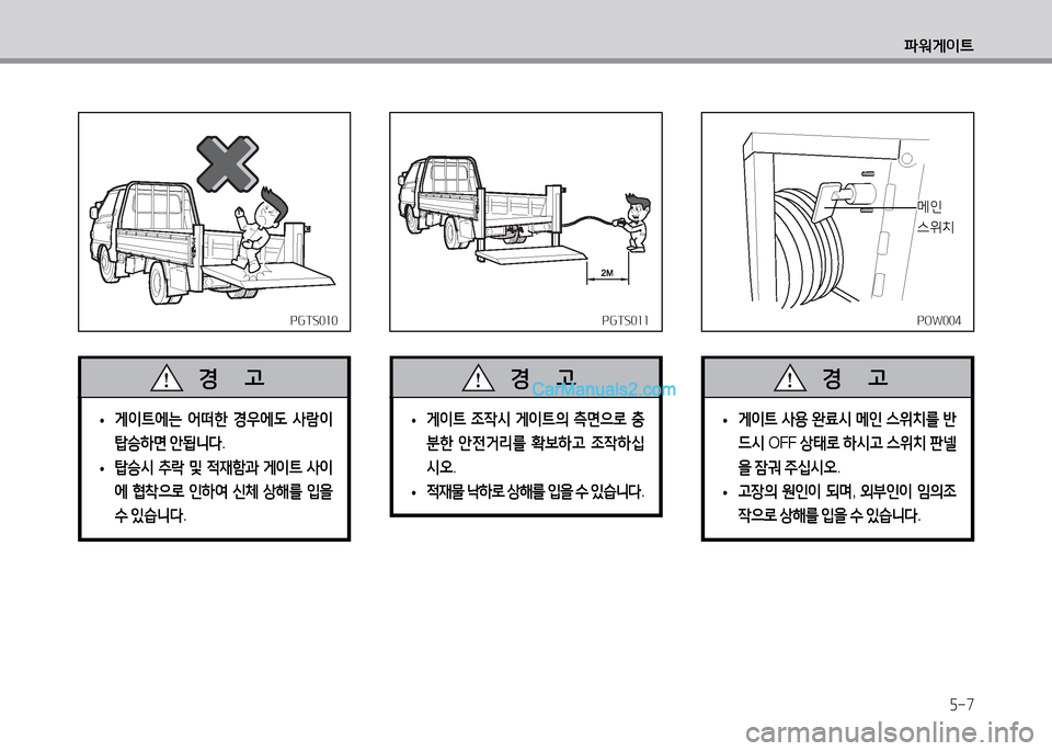 Hyundai Small Commercial Features 2015  소형상용특장 - 사용 설명서 (in Korean) 5-7
파워게이?@
PGTS010PGTS010
 
• 게이?@에는
 어떠한  경우에도  사람이  
탑승하면  안됩니l .
 
• 탑승시
 추$  및  적재A