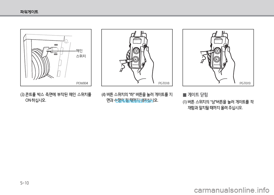 Hyundai Small Commercial Features 2015  소형상용특장 - 사용 설명서 (in Korean) 5-10
파워게이?@
PGT019PGT019
 
0 게이?@ 닫힘
(
소 )   버튼  스위치의  "상 "버튼을  눌러  게이?@를  적
재A