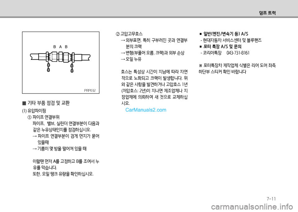 Hyundai Small Commercial Features 2015  소형상용특장 - 사용 설명서 (in Korean) 7-11
덤프 ?@럭
PRP032PRP032
 
0 기타 부품 점검 및 교환
(
좌 )  유1