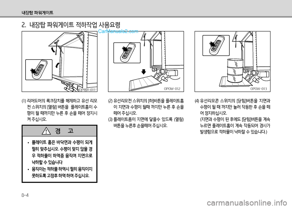 Hyundai Small Commercial Features 2015  소형상용특장 - 사용 설명서 (in Korean) 8-4
내장탑 파워게이?@
OPOW-011OPOW-011
속.  내장탑 파워게이?@ 적하4업 사용요령
 
• 플레이?@
 홈은  바m면과  수평이  되게  
필히  맞추십시오 . 수평이  