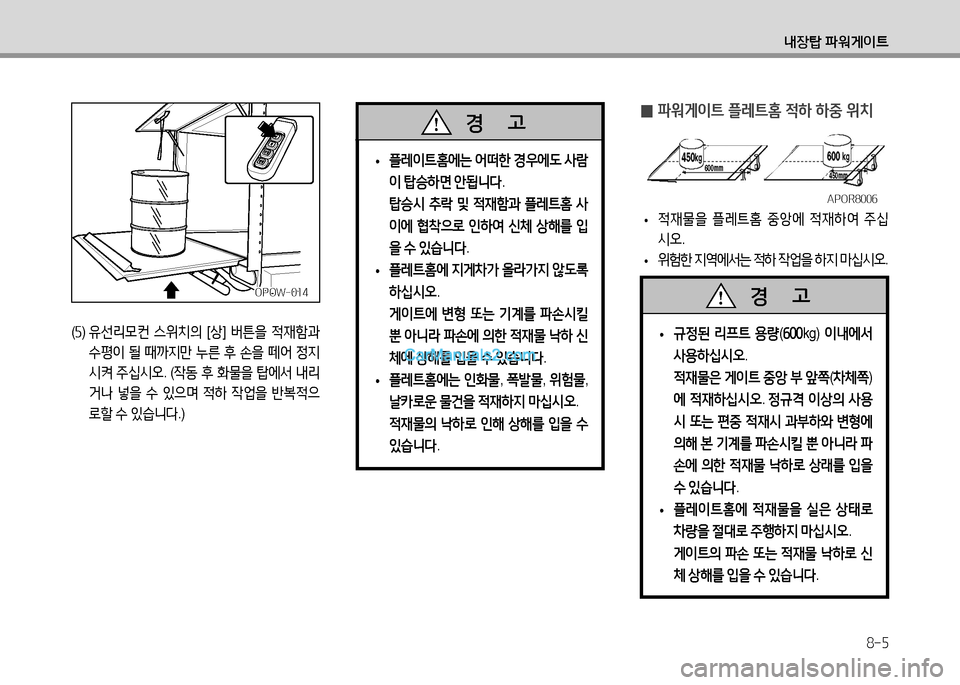 Hyundai Small Commercial Features 2015  소형상용특장 - 사용 설명서 (in Korean) 8-5
내장탑 파워게이?@
 
• 플레이?@홈에는
 어떠한  경우에도  사람
이  탑승하면  안됩니l .
  탑승시  추$  및  적재A